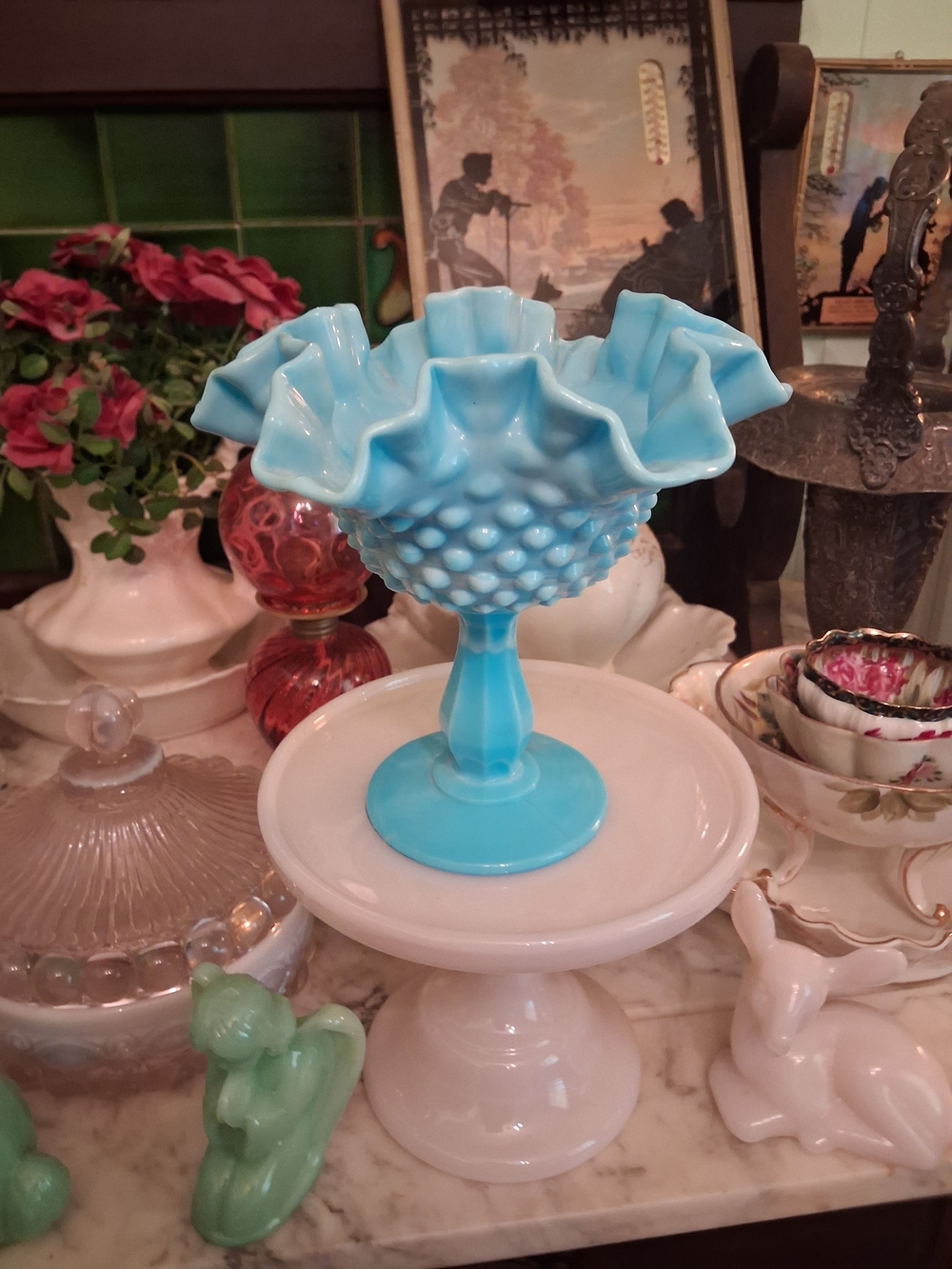 Fenton Blue Milk Glass Slag Hobnail Ruffled Compote